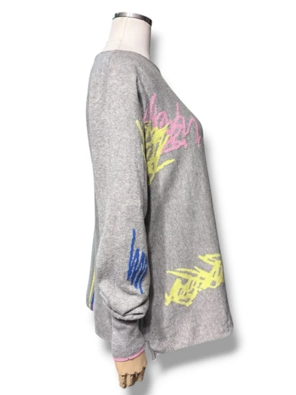 ZAKET & PLOVER Grey Cashmere Blend Abstract Scribble Boatneck Pullover Sweater